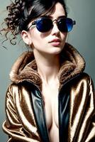 Moda espectáculo, Moda modelo. hermosa sexy mujer en un cuero brillante, neón chaqueta y Gafas de sol en un verde antecedentes detrás su, cyberpunk estilo. generativo ai foto