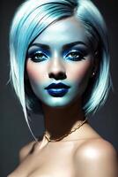 Woman with blue make-up and a necklace around her neck and chest, gothic art. photo