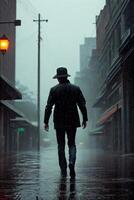 A man standing in the dark in the rain with a green light behind him that shines, anamorphic highlight, poster, neofigurative. photo
