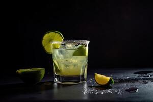 Margarita with limes in an old fashioned glass on a dark background. . photo