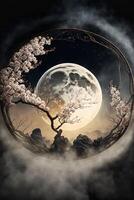 landscape under the moon a plum blossom. . photo