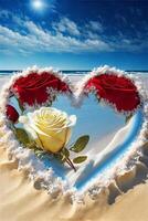 two roses in the shape of a heart on the beach. . photo