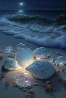 painting of shells and starfish on a beach. . photo