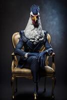 man dressed as a chicken sitting in a chair. . photo