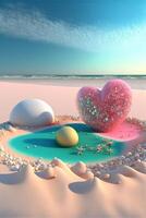 heart shaped object sitting on top of a sandy beach. . photo