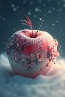 red apple sitting on top of snow covered ground. . photo