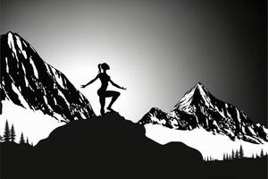 silhouette fitness girl practicing yoga on mountain. photo