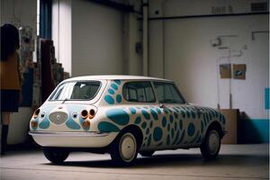 blue and white car is parked in a garage. . photo