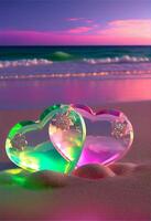 Pareja de cristal corazones sentado en parte superior de un arenoso playa. generativo ai. foto