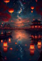 there are many lanterns floating in the water. . photo