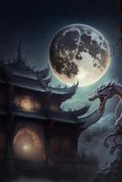 dragon in front of a building with a full moon in the background. . photo