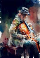 painting of a man playing a cello. . photo