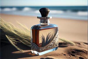 bottle of perfume sitting on top of a sandy beach. . photo