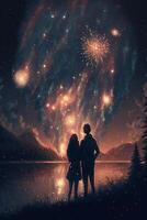 couple standing next to each other in front of a lake. . photo