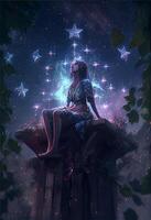 woman sitting on top of a rock under a star filled sky. . photo