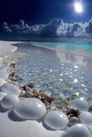 seashells are arranged in a circle on the beach. . photo