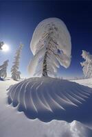 snow covered tree sitting on top of a snow covered slope. . photo