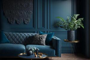 Modern cozy living room and dark blue wall texture. photo