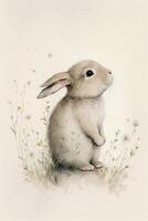 watercolor painting of a rabbit sitting in the grass. . photo