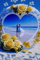 picture of a bride and groom on the beach. . photo