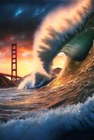 large wave in the ocean with a golden gate bridge in the background. . photo