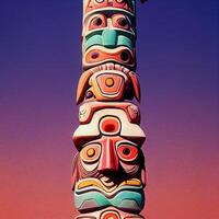 totem pole in front of a blue sky. . photo