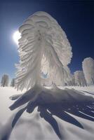 nieve cubierto árbol sentado en parte superior de un nieve cubierto suelo. generativo ai. foto