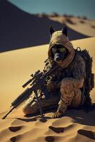 soldado sentado en el arena con un rifle. generativo ai. foto