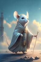 cartoon mouse dressed in a robe and holding a staff. . photo