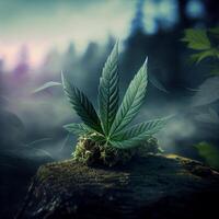 marijuana leaf sitting on top of a moss covered rock. . photo