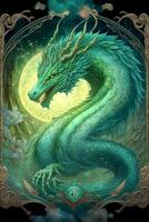 green dragon sitting in front of a full moon. . photo