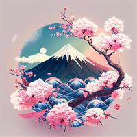 picture of a mountain with cherry blossoms in the foreground. . photo