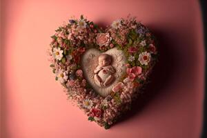 digital background with flowers in a heart shape around. photo