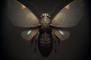close up of a large insect on a black background. . photo