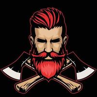 bearded hipster lumberjack head with crossed axes vector