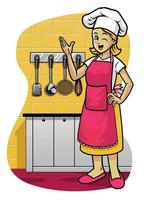 contento mujer vistiendo delantal en el cocina vector