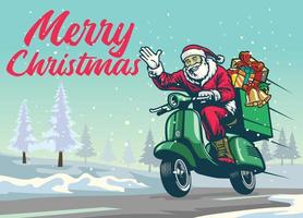 contento Papa Noel claus montando Clásico scooter en el medio de Navidad invierno vector