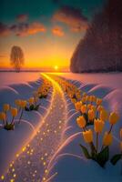 field of tulips in the snow at sunset. . photo