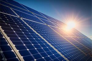 Solar panels close up panorama sunshine blue sky. photo