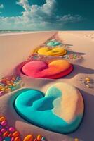 row of hearts sitting on top of a sandy beach. . photo