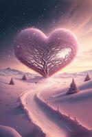 heart shaped tree in the middle of a snowy landscape. . photo