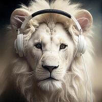 close up of a lion with headphones on. . photo