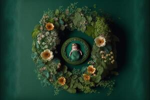 infant digital background green background with flowers. photo