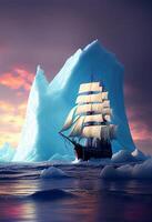 ship in a body of water with icebergs in the background. photo