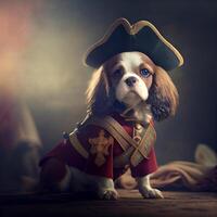 marrón y blanco perro vistiendo un pirata traje. generativo ai. foto