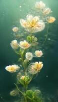 bunch of flowers floating on top of a body of water. . photo