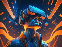 A Man wearing a vr mask on the metaverse, illustration photo