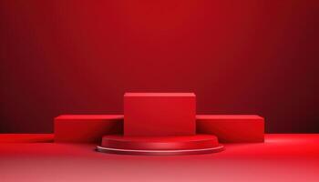 Realistic 3D red theme podium for product display. photo