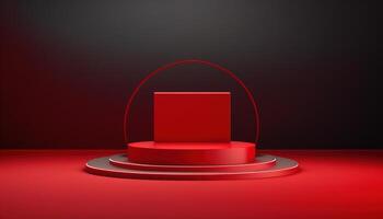 Realistic 3D red theme podium for product display. photo