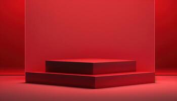 Realistic 3D red theme podium for product display. photo